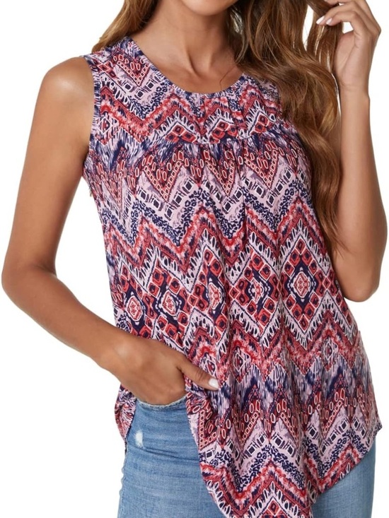Sunnegoo Tops - Women's Red & Navy Printed Sleeveless Tank Top